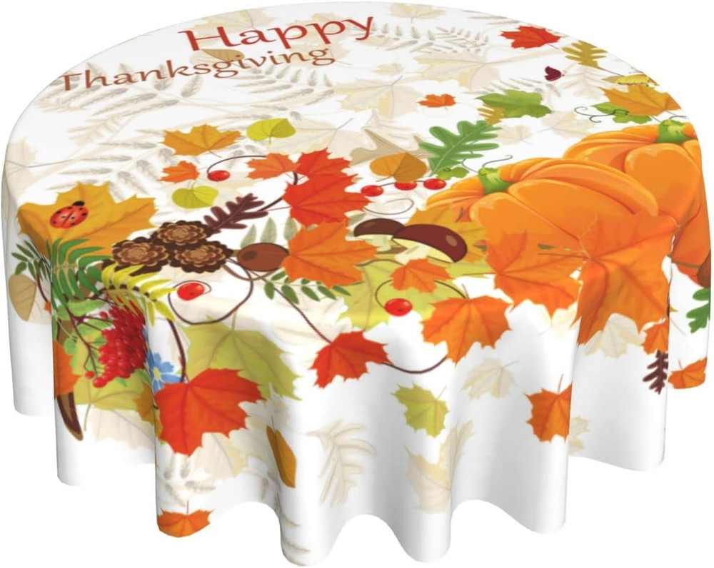 Fall round Tablecloth 60 Inch Thanksgiving Tablecloth Waterproof Polyester Washa