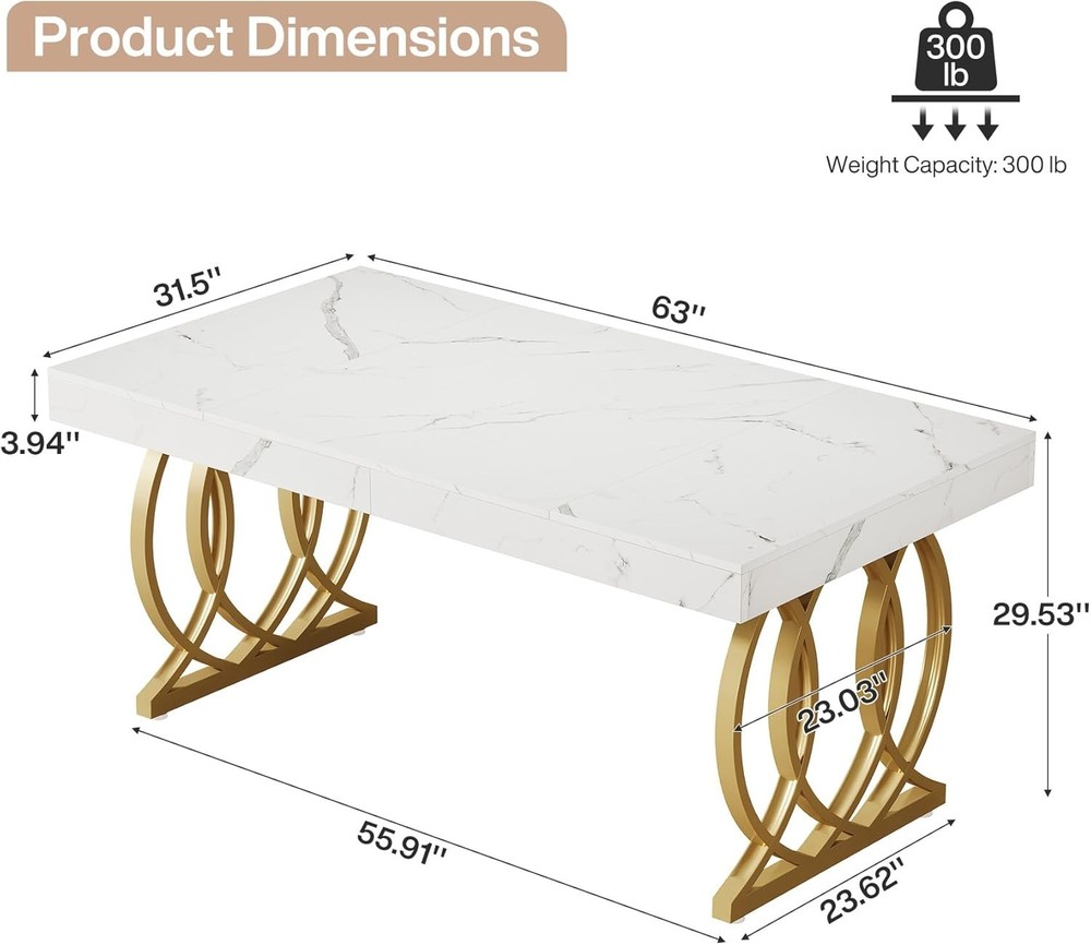 63-Inch Rectangular Executive Desk, Modern Office Computer Desk with Gold Legs