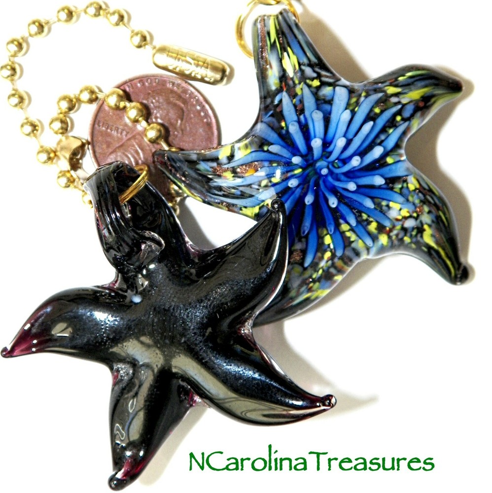 STAR STARFISH GLASS CEILING FAN LIGHT SWITCH PULL DARK BLUE BLACK BURST LG PAIR
