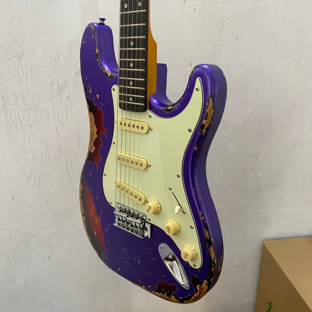Purple handcrafted distressed ST electric guitar, maple body, 6 strings