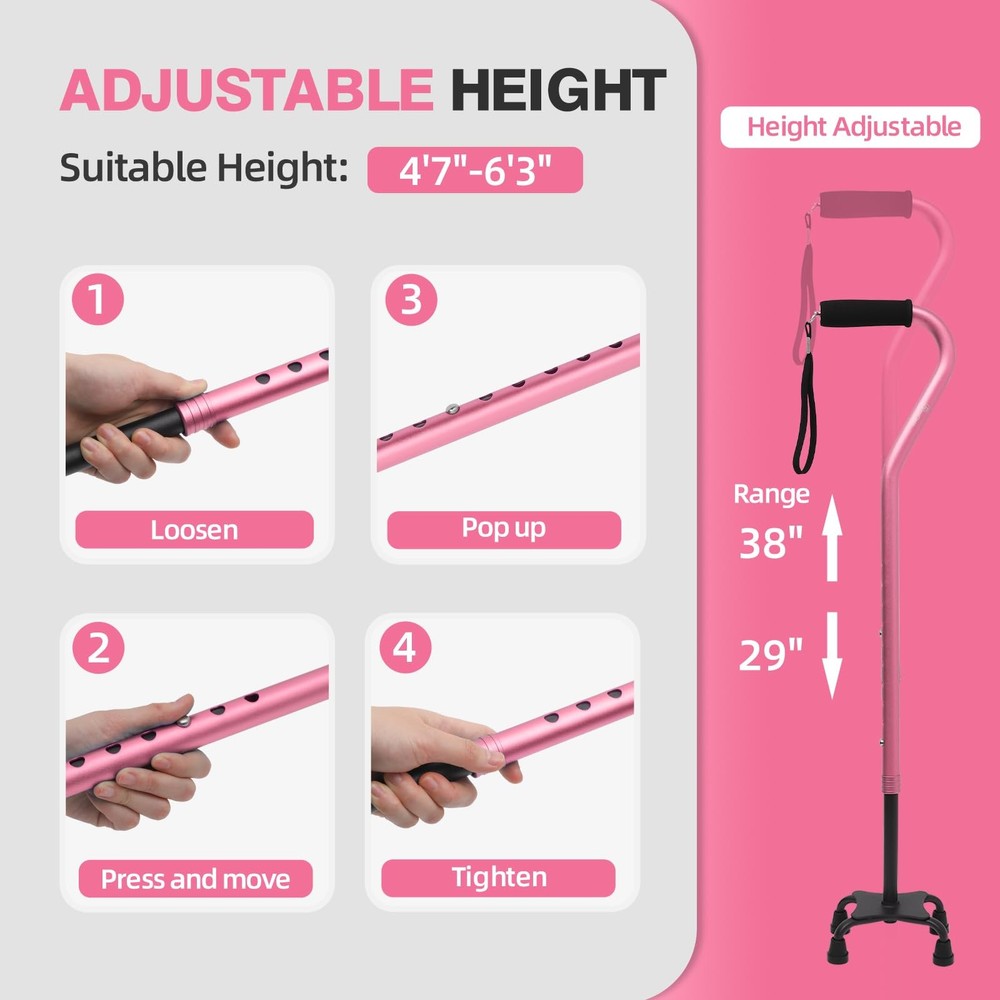 BeneCane Quad Cane Adjustable Walking with Offset Soft 10 Size, pink