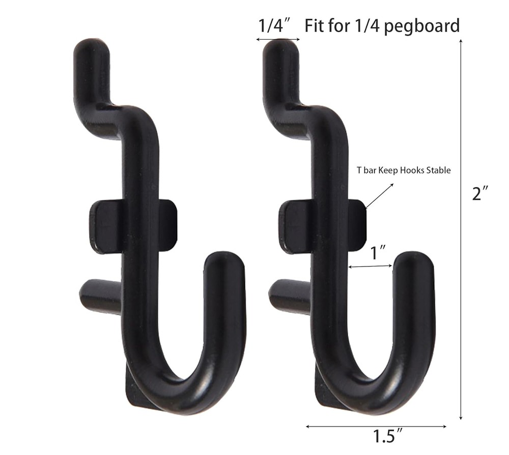 200 Pack J-Shaped Pegboard Hooks, Black Plastic Peg Hooks for 1/4 Inch Pegboard,