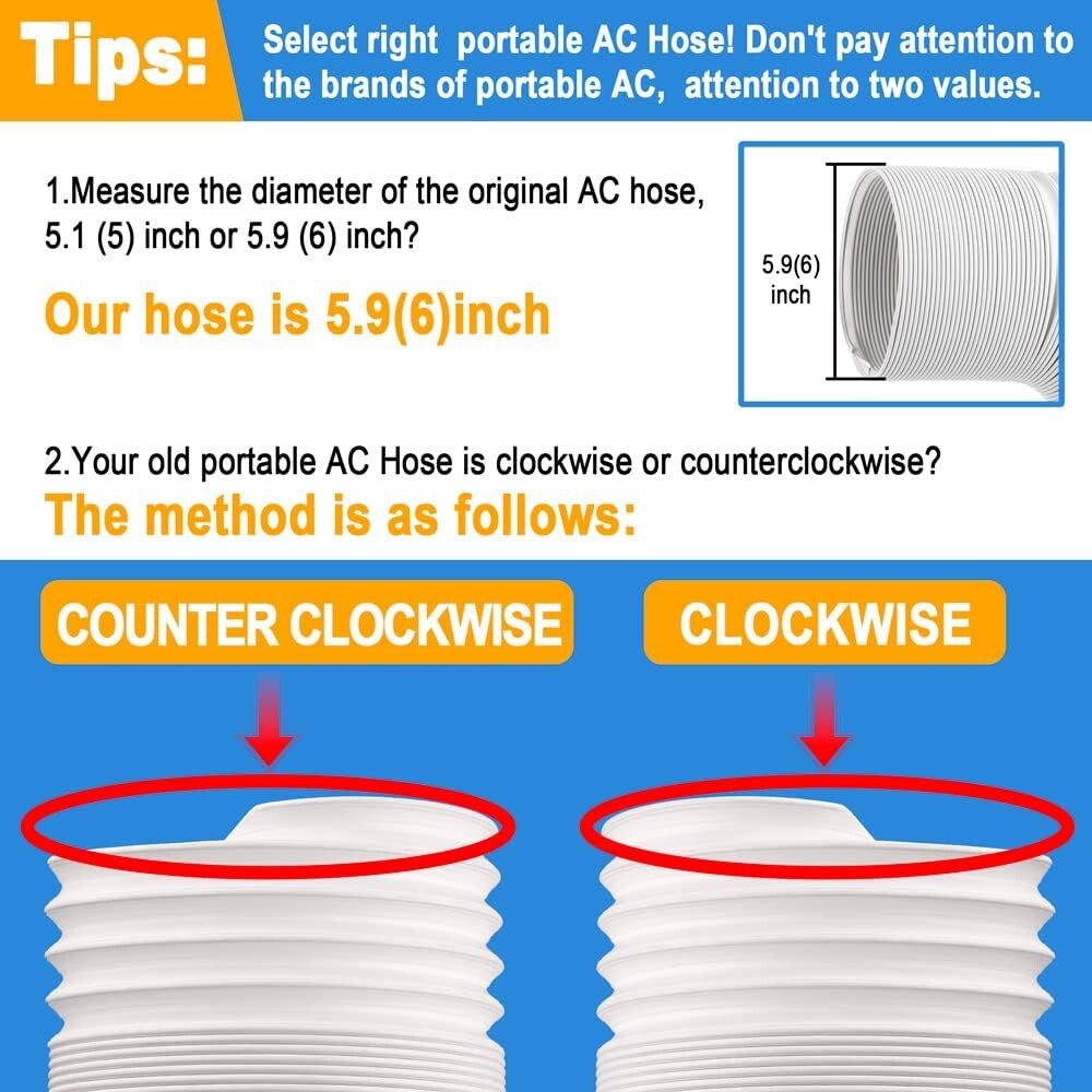 Portable AC Vent Hose 5.9''-6'' Adjustable Duct Counterclockwise Universal Use