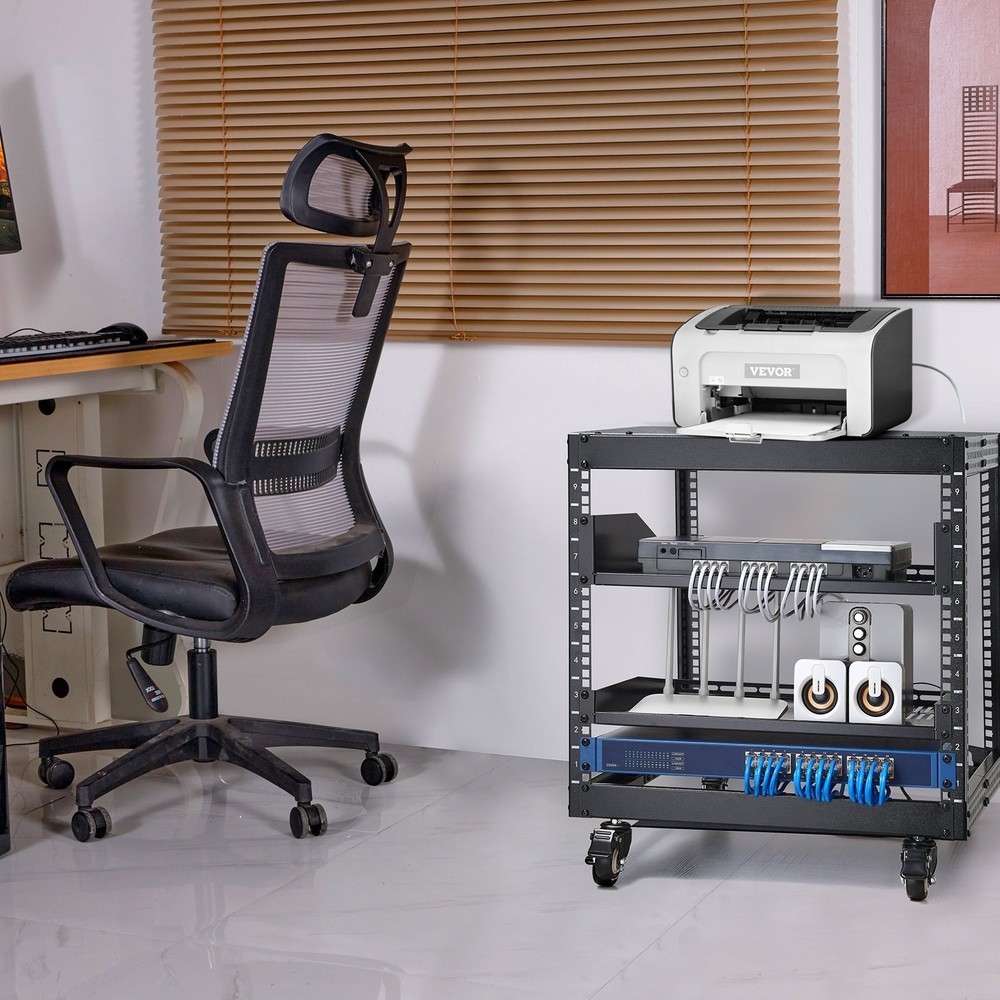 9U 4-Post Open Server Rack, 23-40" Adjustable Depth, Wall/Floor Mountable