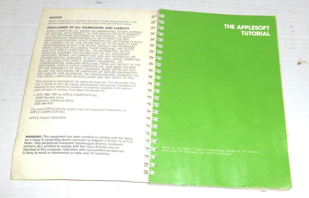 Vintage The Applesoft Tutorial by Apple Computer Spiral Bound Book PLEASE READ