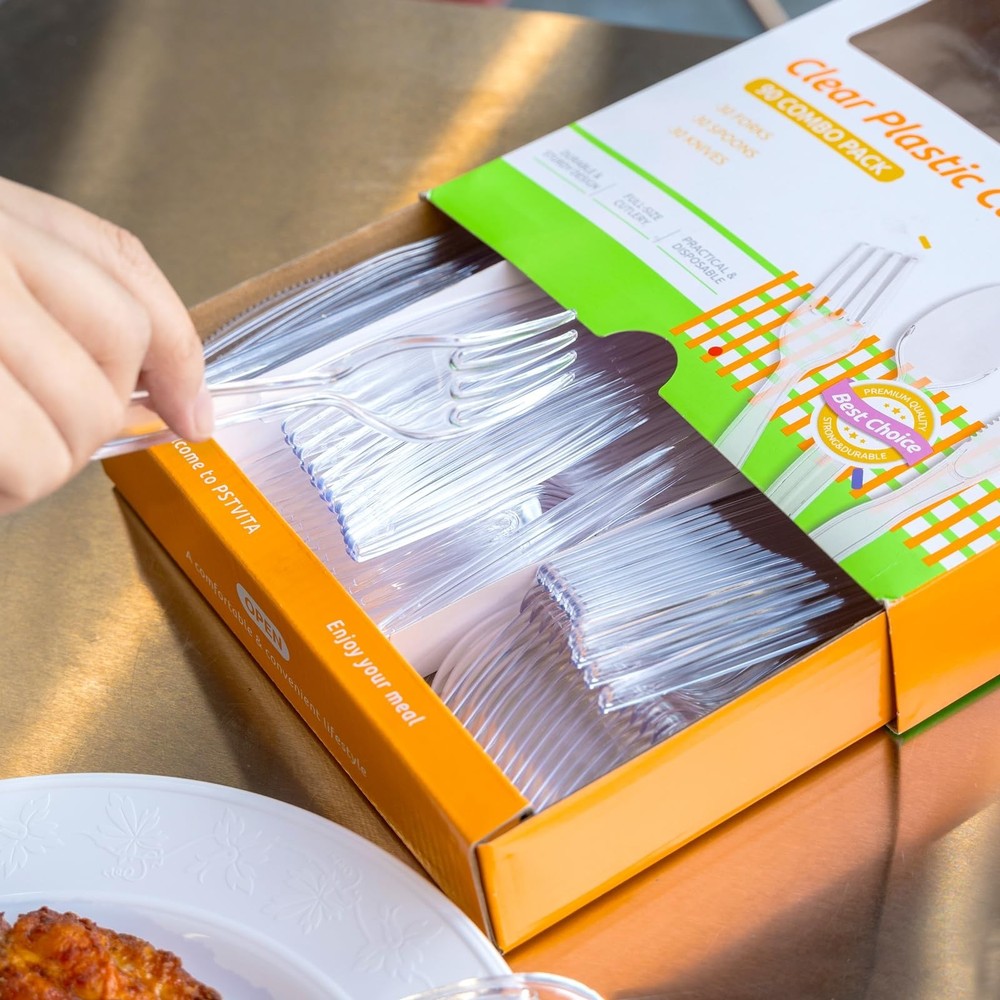 Heavy Duty Plastic Silverware - Clear Utensils Disposable Cutlery Set Pack of...