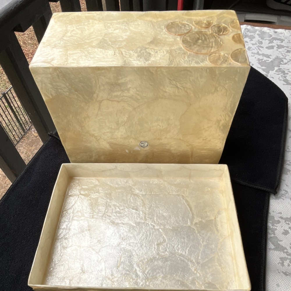 Ivory and Gold Shell Rectangular Decorative Box with Lid, Polka Dot Pattern