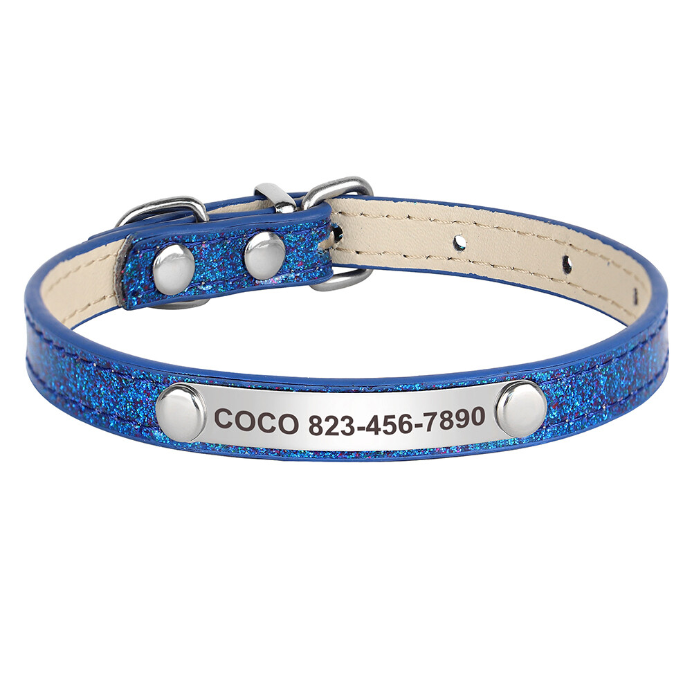 Personalized Dog Collar Bling Sequins PU Leather Engraved Name ID Tag Cat Kitten