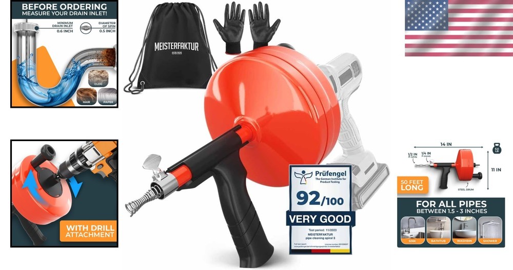50 FT Drill-Attachable Drain Snake - Your Ultimate Eco-Friendly Unblocking Tool!