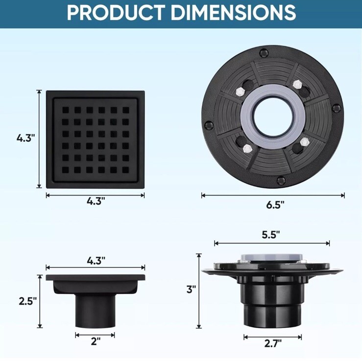 4.33'' Square Floor Shower Drain, Lattice Square Perforated Pattern Brushed Stai