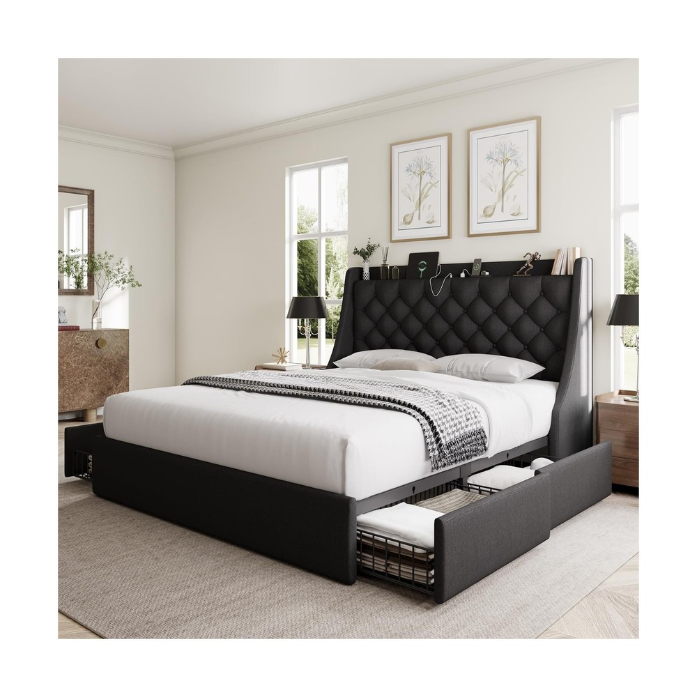 Queen Bed Frame with 4 Storage Drawers, Giant Upholstered Wingback Headboard,...