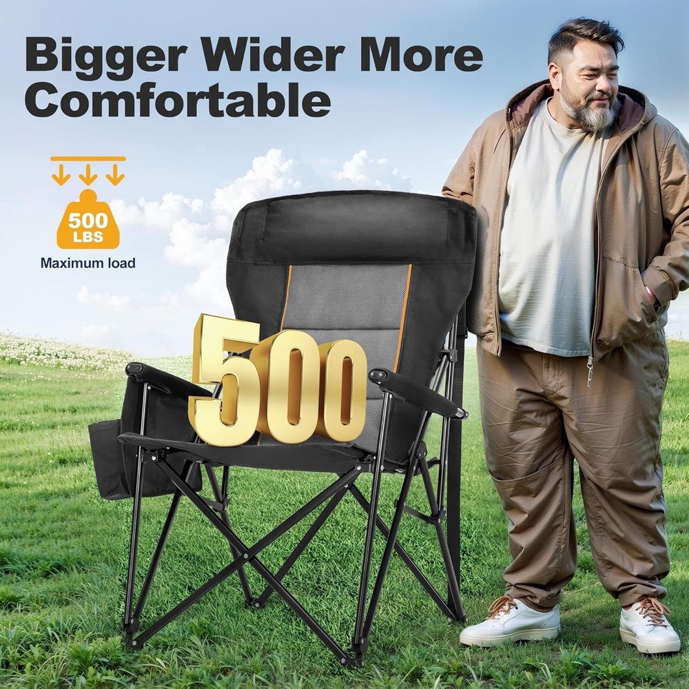 Heavy Duty Camping Chairs Oversize Folding Chair High Back Support 500lbs Black