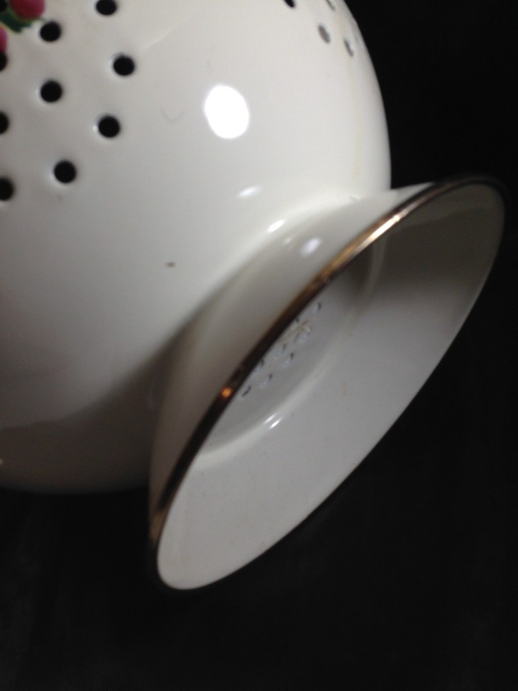 White Enamelware Footed Colander with Fruit Pattern Double Handle 11"