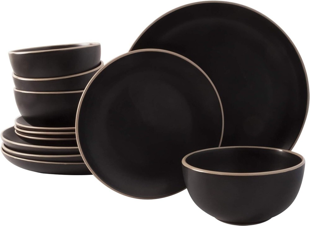 12 Piece Round Stoneware Dinnerware Sets Service for 4 Bowl & Plate Set Black
