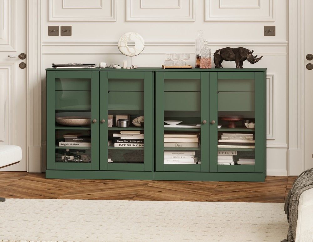 100% Solid Wood 64" Sideboard with Clear Glass Doors and 4 Drawers