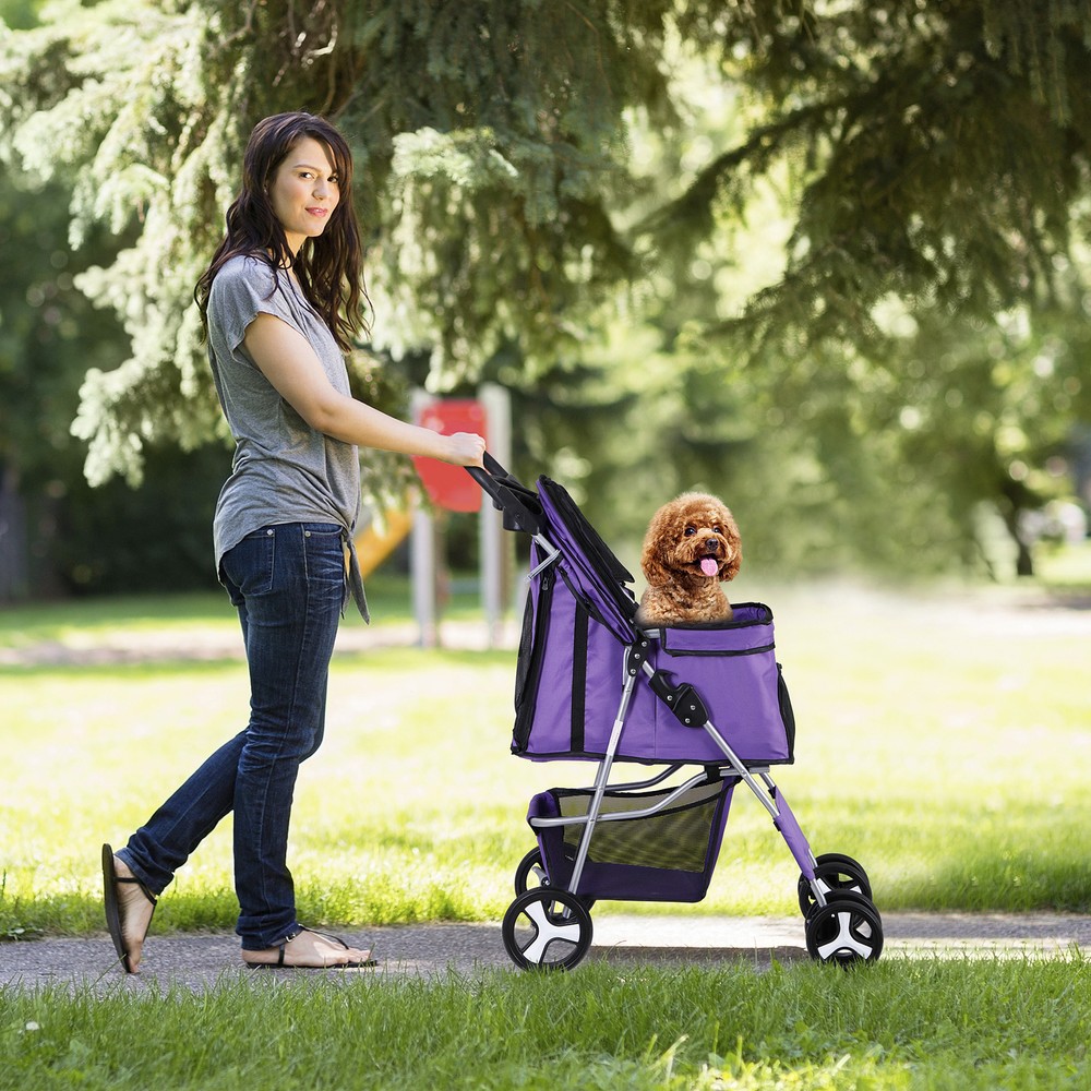 Purple Metal Frame Pet Stroller with Enhanced Ventilation and Smooth Operation