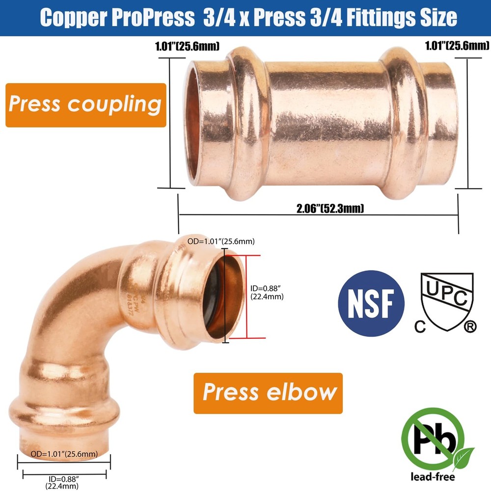 3/4" Copper Propress x Pro Press Couplings x3/4" Elbow,