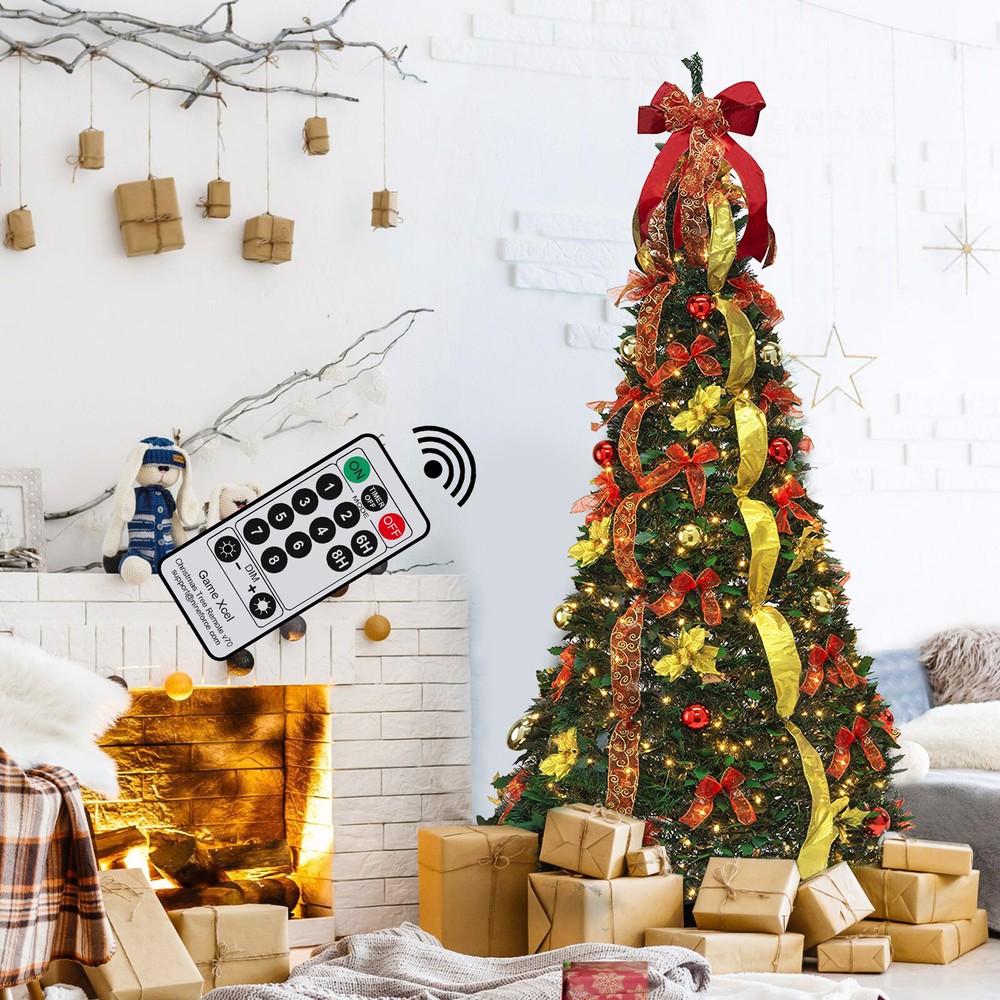 6Ft Pre-lit Christmas Tree Pull-Up Christmas Tree with Remote & 200 LED Lights