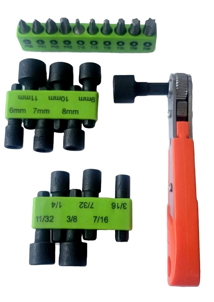 High visibility Ratchet with hex key set and mixed tips.