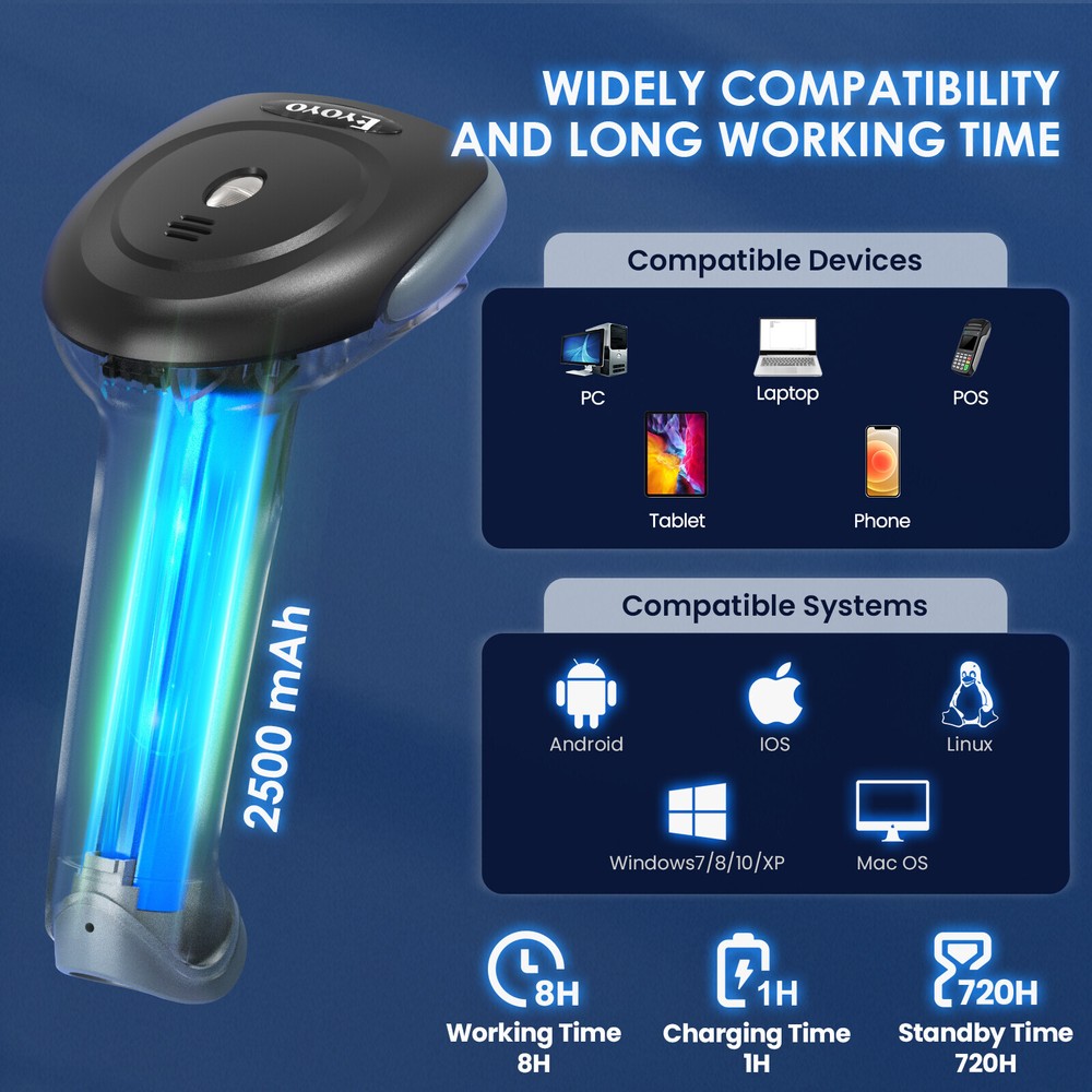 Eyoyo 2D Wireless Barcode Scanner Fast Speed 220 /sec,32Bit CPU Decoding Ability