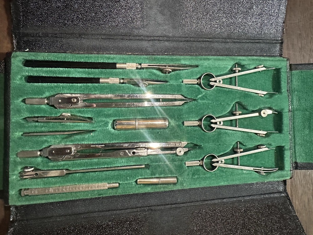 Vintage W Germany Complete kit! large Engineer Drafting Compass Set w/ Case