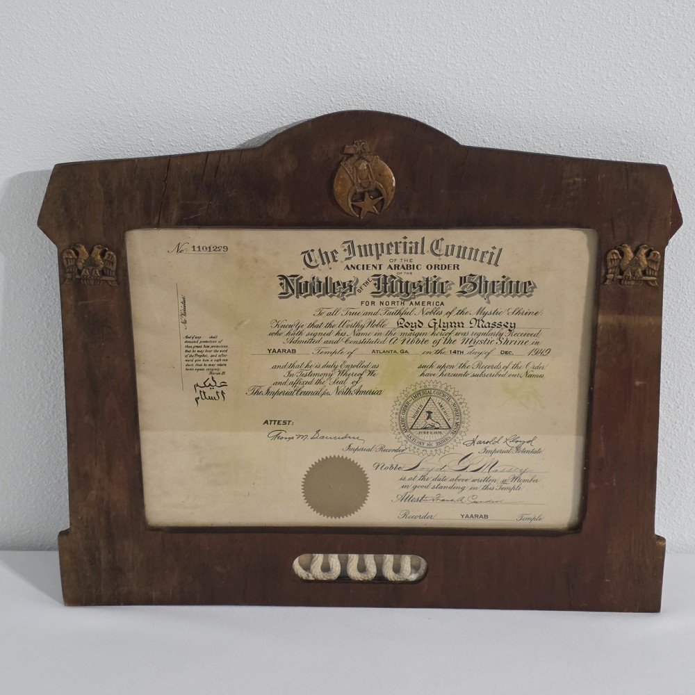 Vintage Frame & Yaarab Temple Member Certificate 1949 Signed Shriner