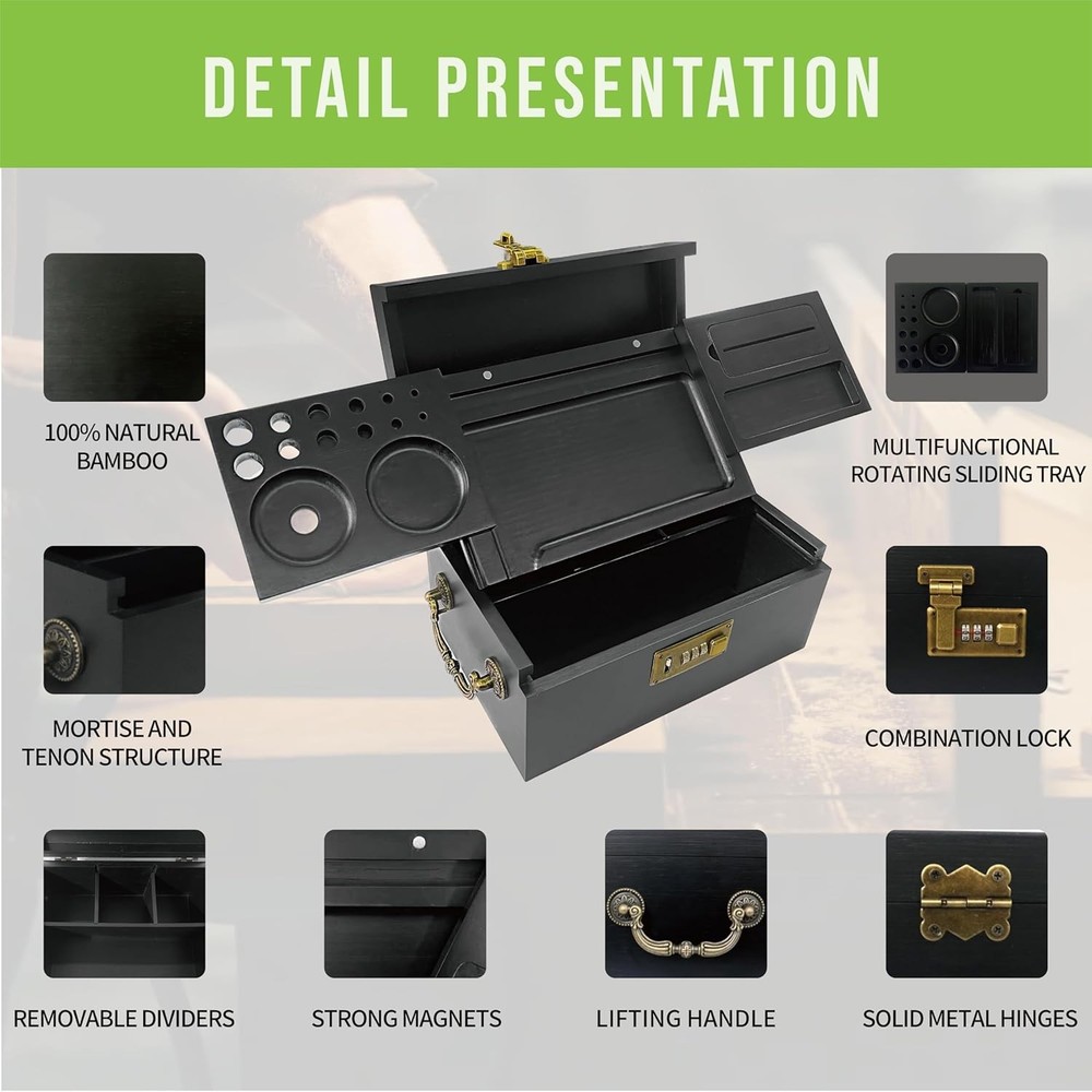 Black Bamboo Box with Combination Lock, Large Stash Box with Removable Tray D...