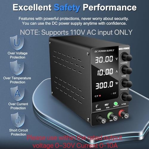 DC Power Supply Variable Adjustable Switching Regulated DC Bench 30V 10A Black