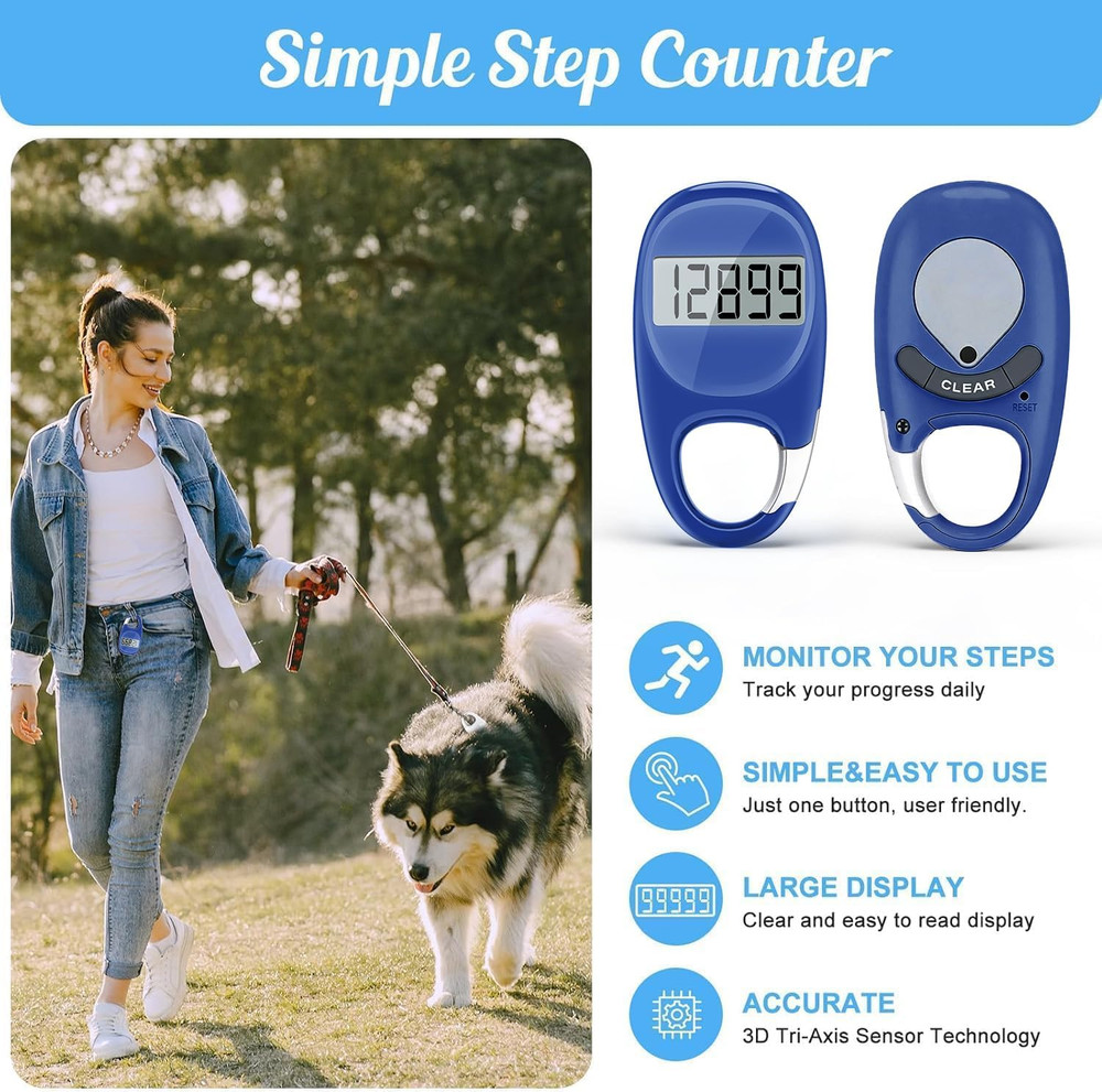 Simple Pedometer for Walking, Accurate Step Tracker with Carabiner, 3D Step Coun
