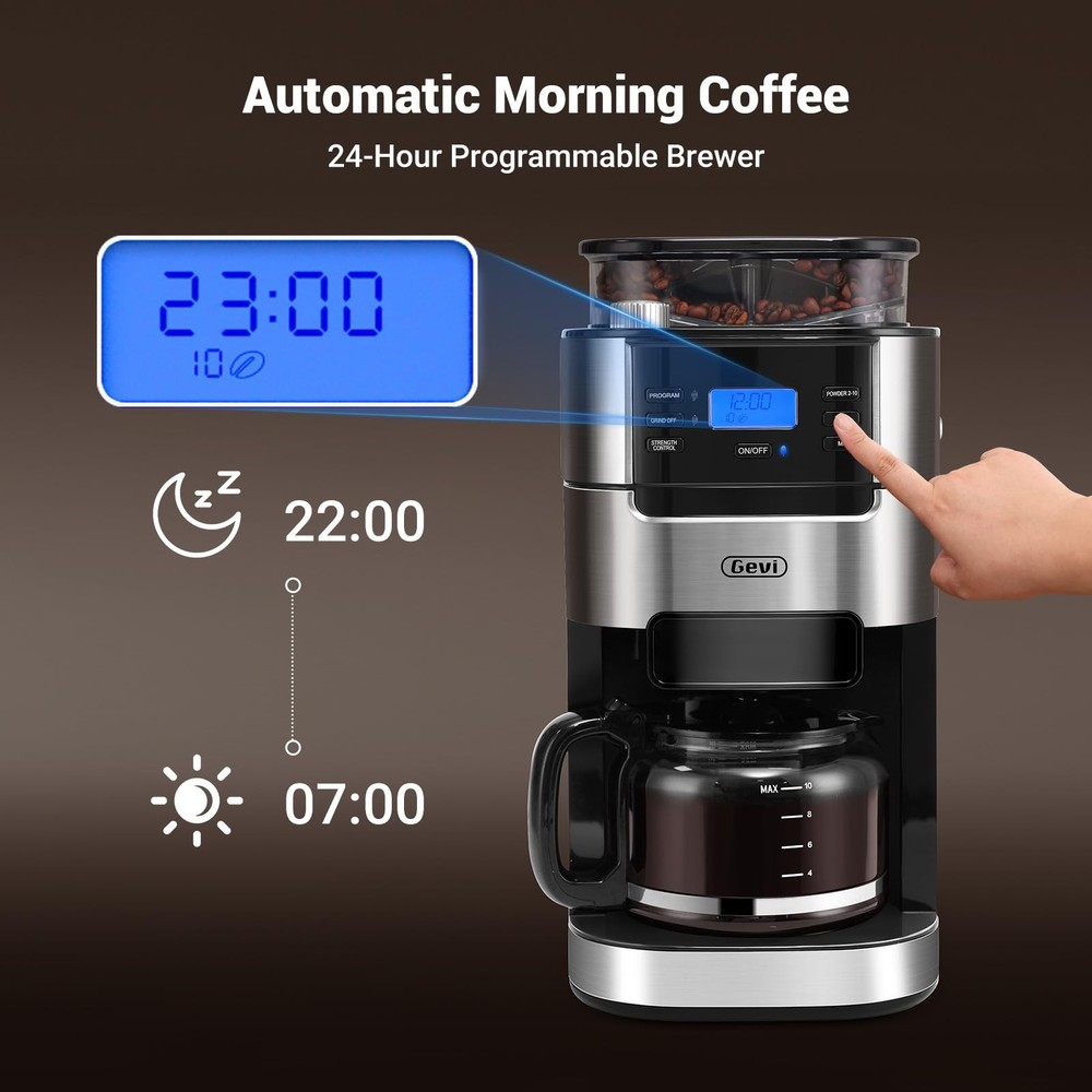 Gevi 10-Cup Drip Coffee Maker with Built-in Burr Grinder & Programmable Timer