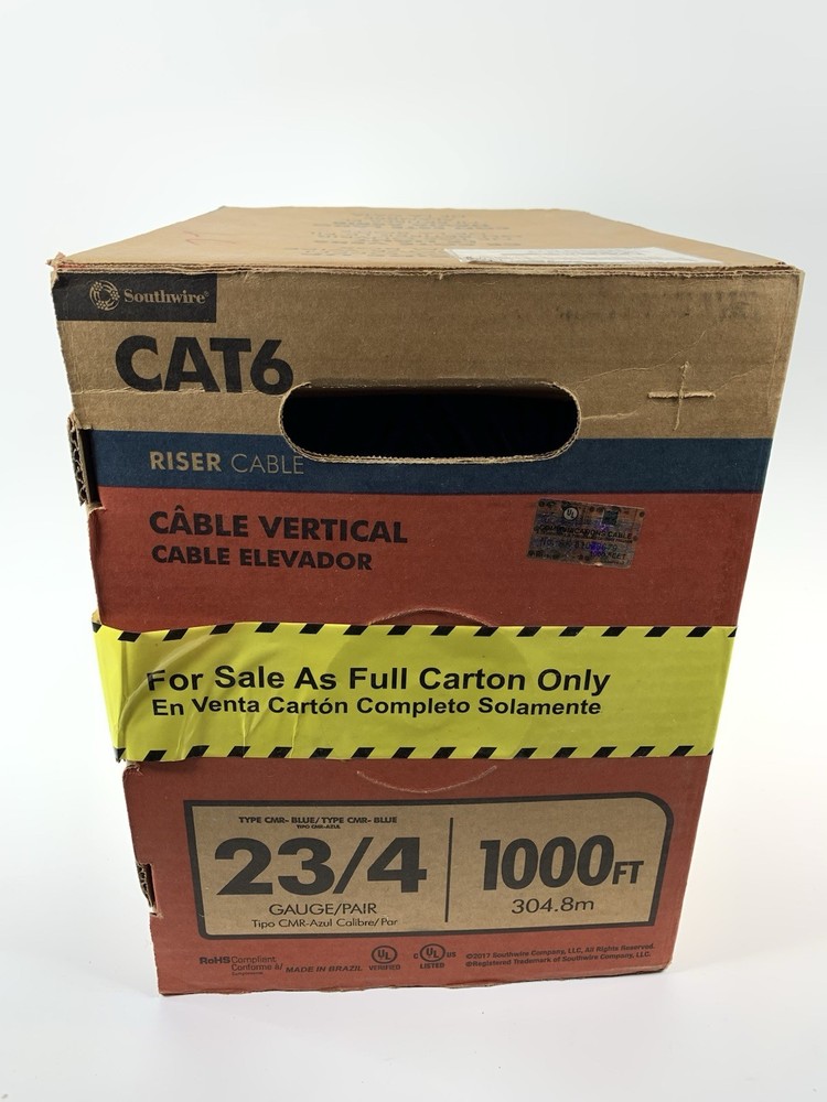 Southwire CAT6 Solid CU Riser Cable CMR 23/4 Data Cable, Blue, 1000ft. NEW