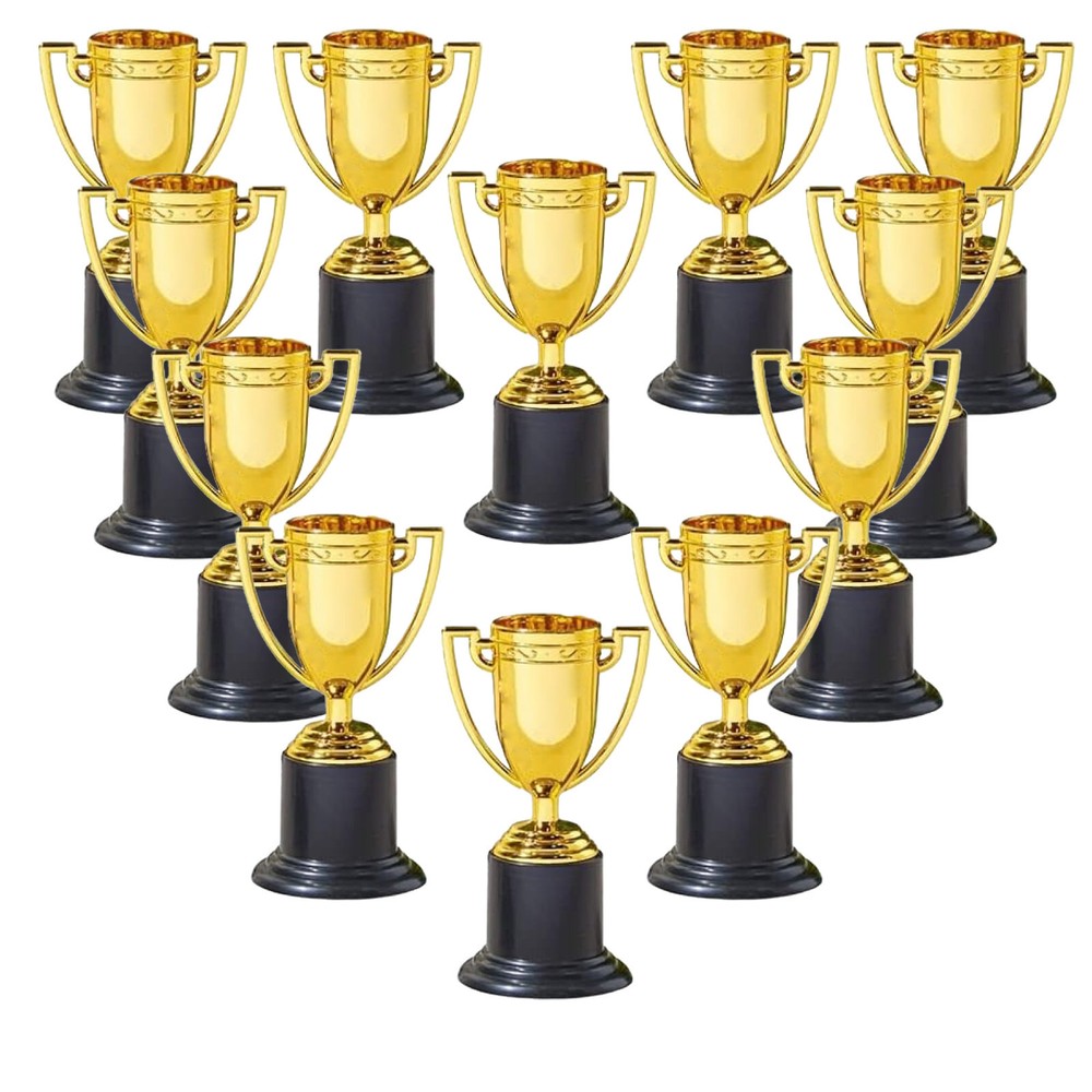 Small Gold Trophies - 12 Pack. (4") Plastic. Bulk Mini Trophy Cups.