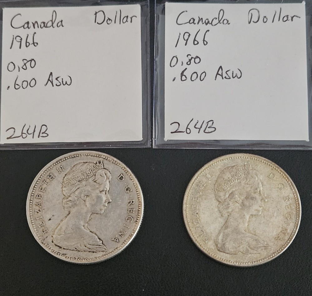 Two 1966 Canada Silver Dollars. 80%. Elizabeth II.     CANAT