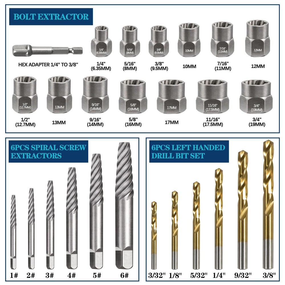 DOAHO 26PCS Bolt & Screw Extractor Set with Drill Bits, SAE/Metric Removal Kit