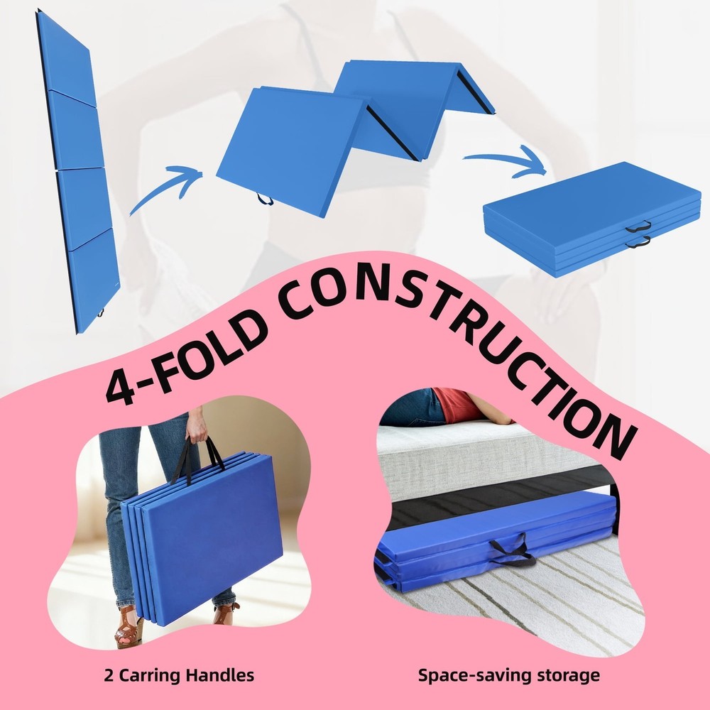 4ftx8ftx2in Folding Gymnastics Mat 4-Panel Exercise Mat W/ Handles PVC