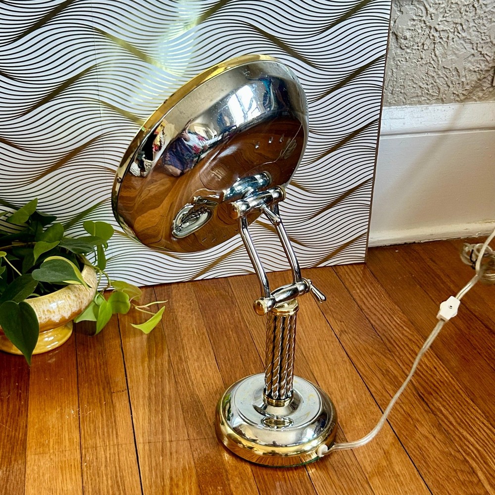 Vintage Cane & Reed Round Lighted Adjustable Make-Up Mirror with Twisted Stem