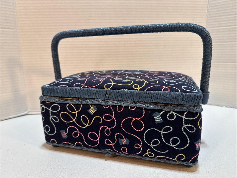 Sewing Basket Box Blue Fabric Plastic Woven Handle