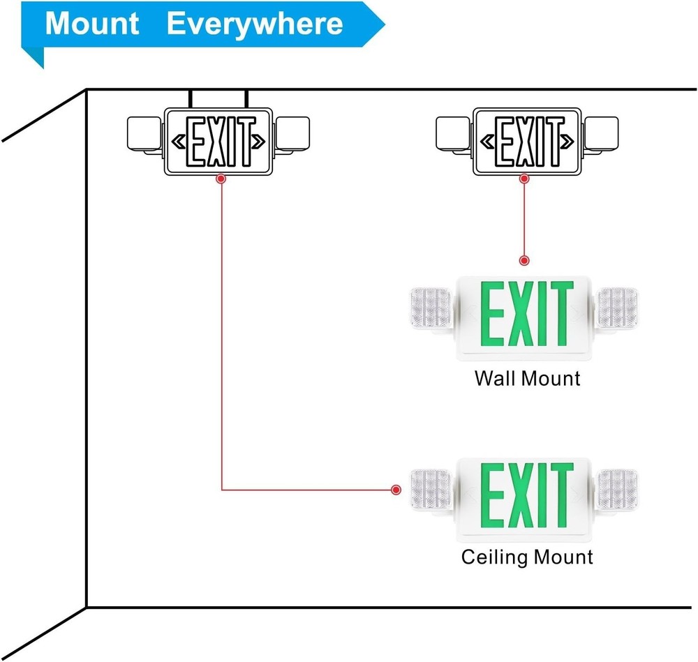 Two Adjustable LED Green Emergency Exit Lights w/ Battery Backup wall or ceiling
