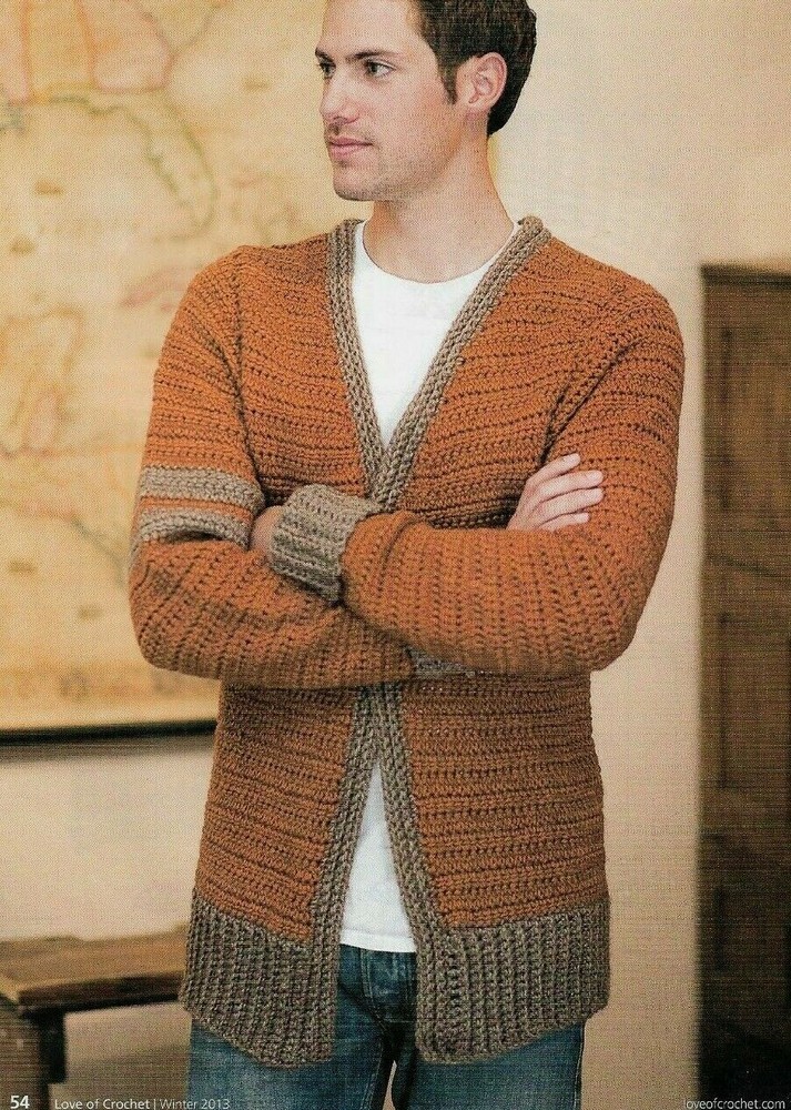 CLASSIC LETTERMAN SWEATER MEN'S 5 SIZES CROCHET PATTERN INSTRUCTIONS