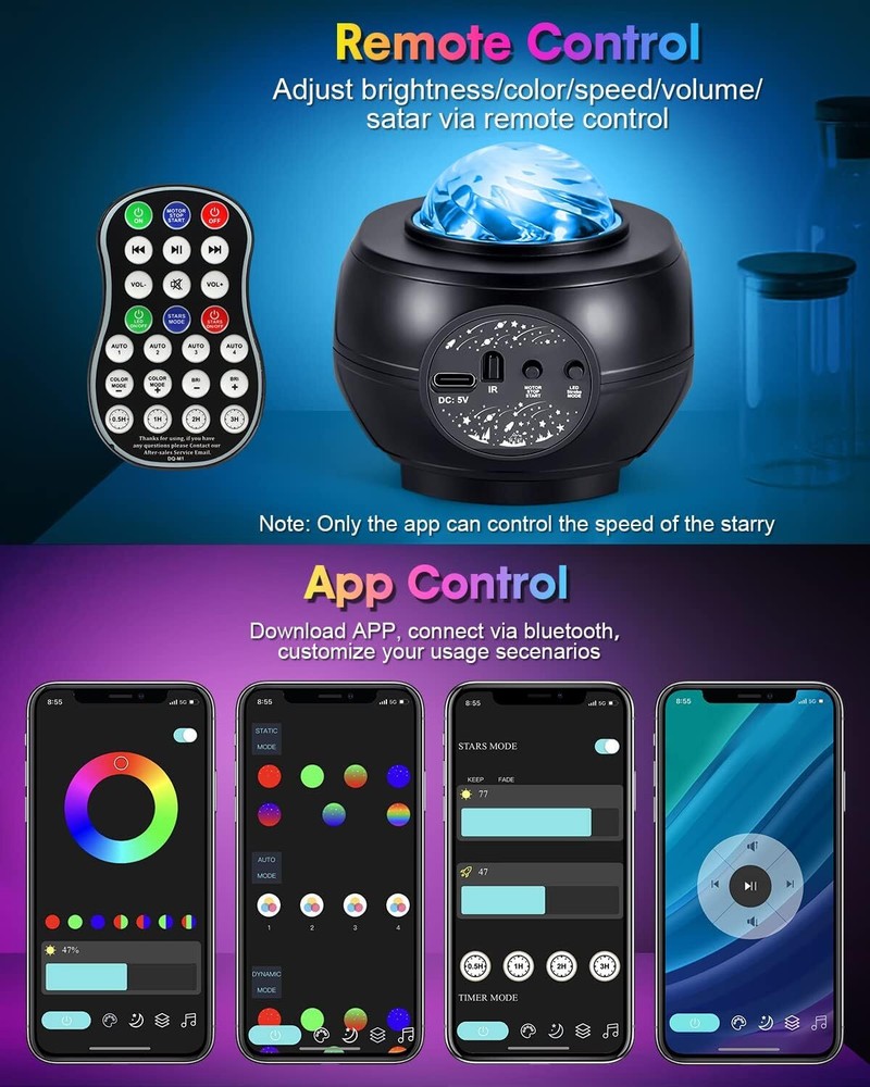 Galaxy Night Light Projector with Remote Control, Bluetooth Music Speaker & 5 Wh