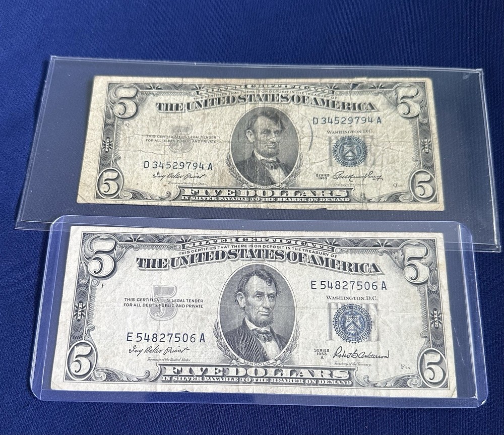 1953 5 dollar blue seal 2 Notes
