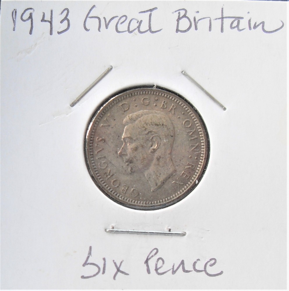 1943 GREAT BRITAIN SIX PENCE- GEORGE VI SILVER .500