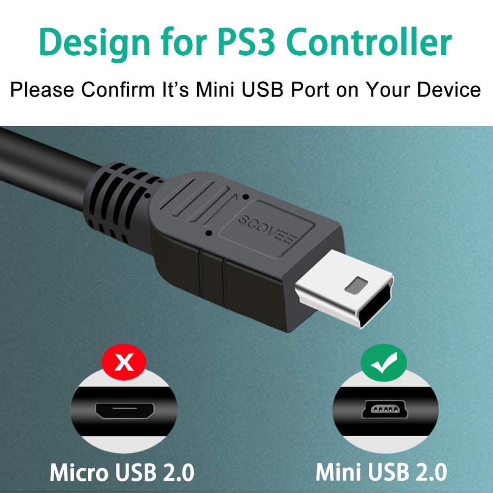 SCOVEE PS3 Controller Charger Cord, 2 Pack 10ft Cable 10ft, Black