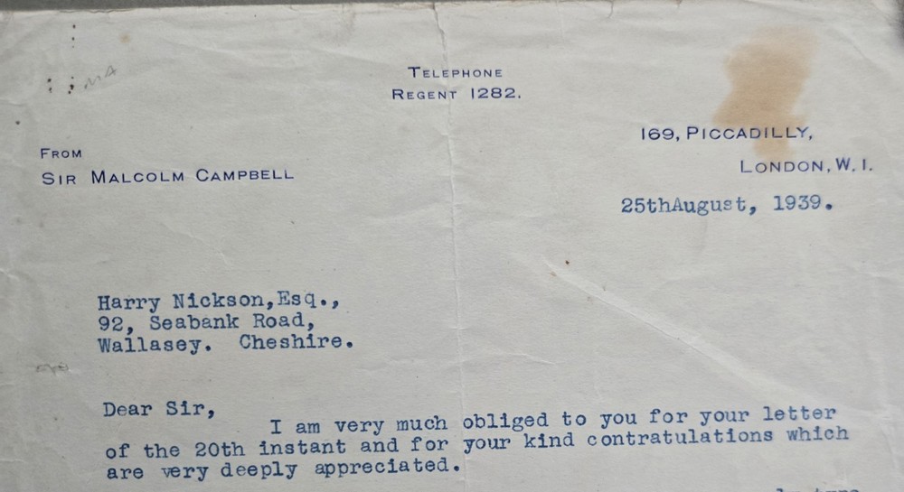 SIR MALCOLM CAMPBELL PERSONAL, SIGNED, 1939 REPLY LETTER