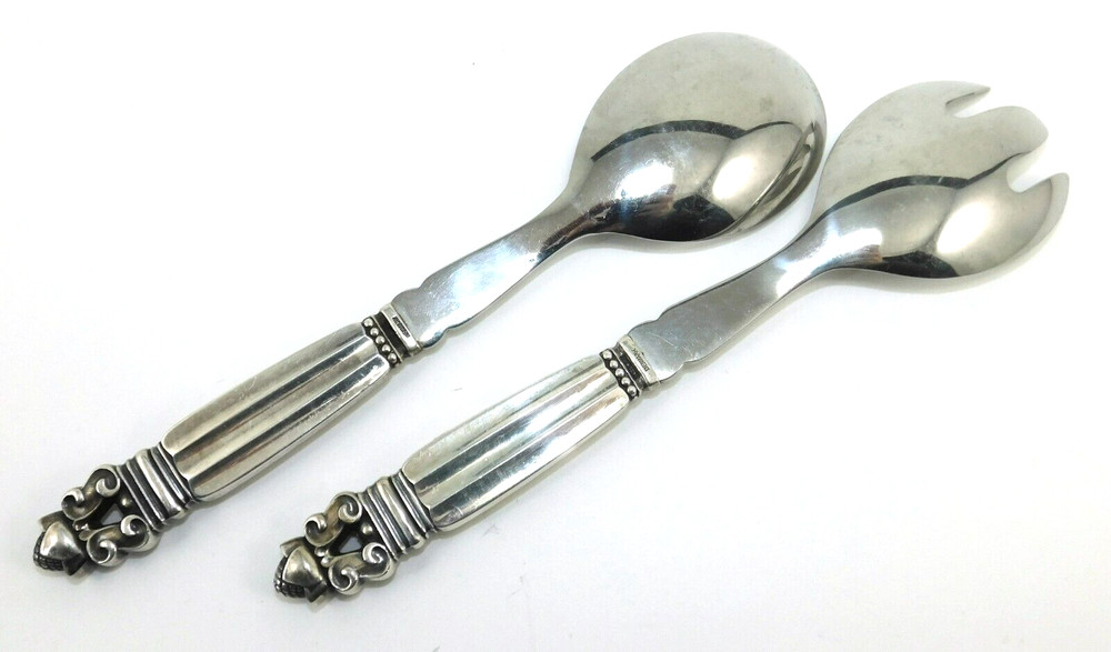 Georg Jensen 925 Sterling Silver Acorn Pattern Spoon & Fork Serving Set