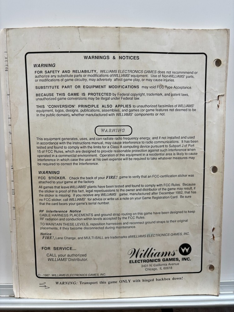 ORIGINAL-WILLIAMS-FIRE!-INSTRUCTION MANUAL