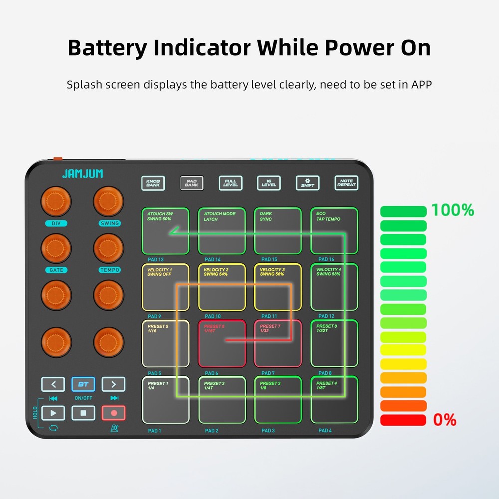 JAMJUM MIDI Controller with RGB Pads & Custom Buttons Wireless USB 2000mAh