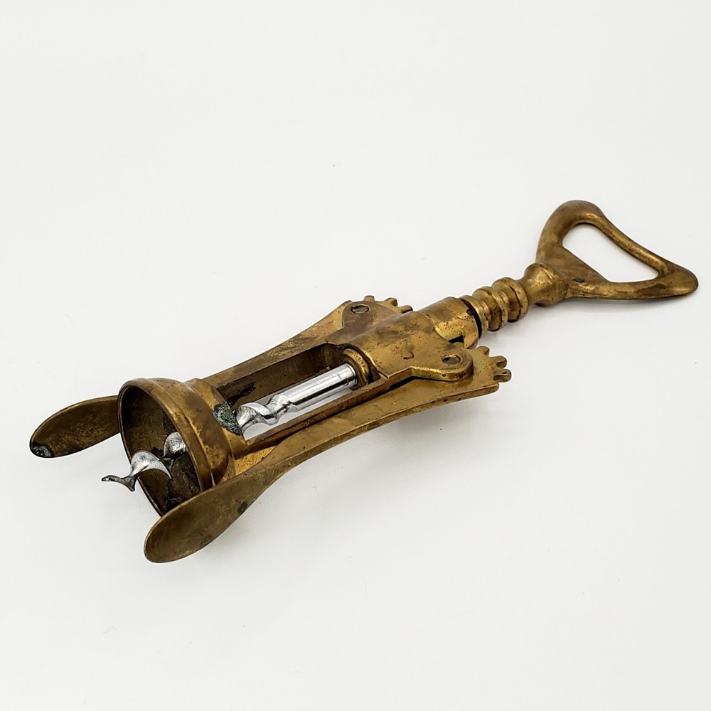 Vtg Solid Brass Corkscrew Bottle Opener Italy