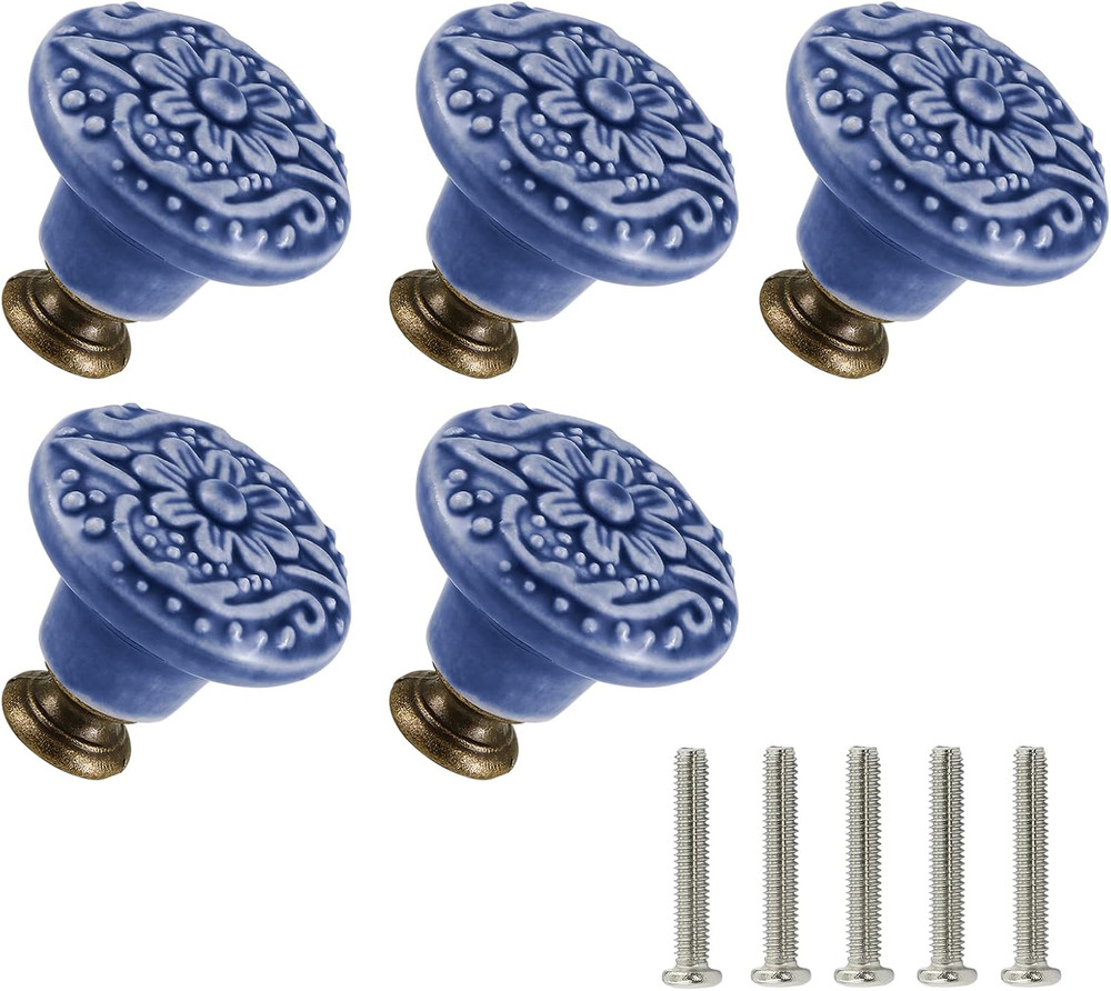 Greyish Blue Ceramic Knobs 10 Pack Flower Drawer Pulls Vintage Cabinet Knobs - A