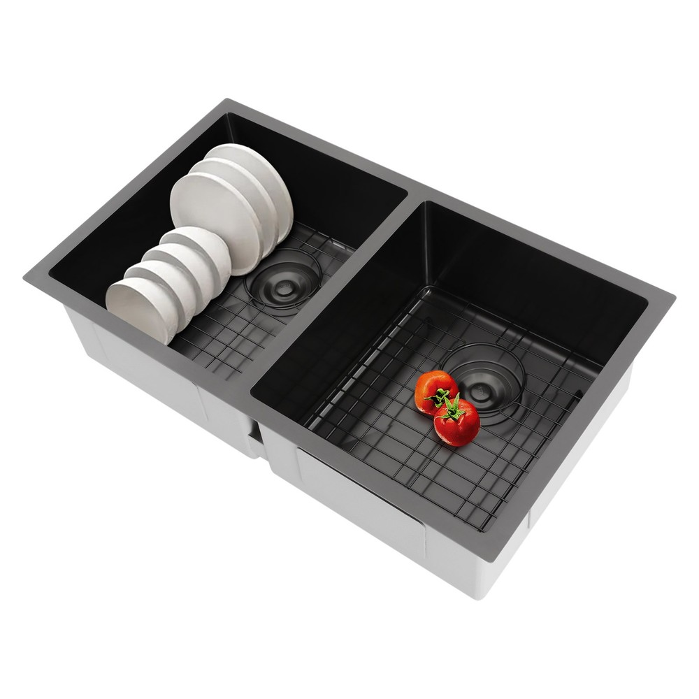 Double Bowl Sink Kitchen Sink Rectangular Stainless Steel Sink w/Grid & Drainer